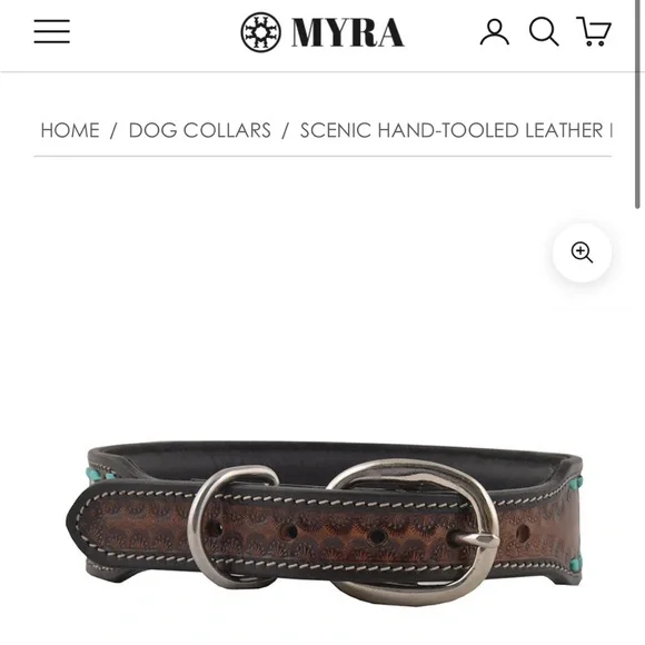 Myra Bag 100% Genuine Leather Hand-Tooled Dog Collar, Size M. Brown/Sunflower. - Picture 4 of 6
